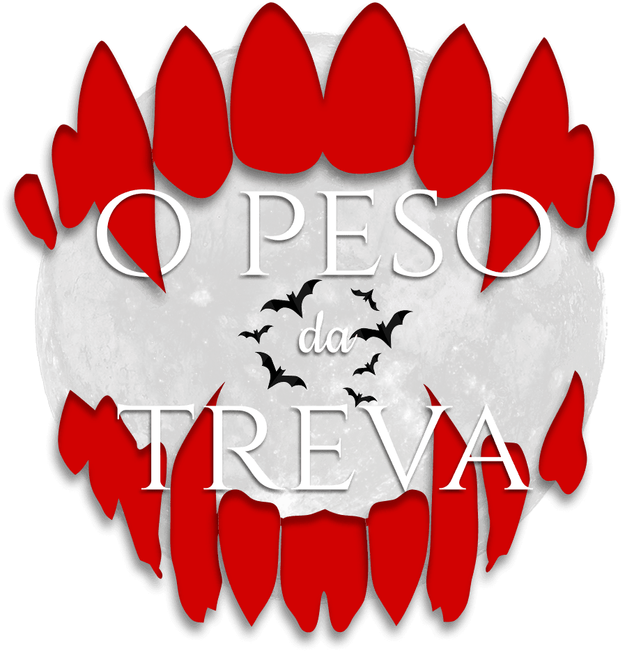 Assinatura visual O Peso da Treva sobre lua cheia, com presas e morcegos